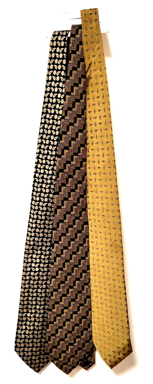 Perry Ellis Portfolio Italian Silk Ties Black Gold Silver Made in USA x3 NEW